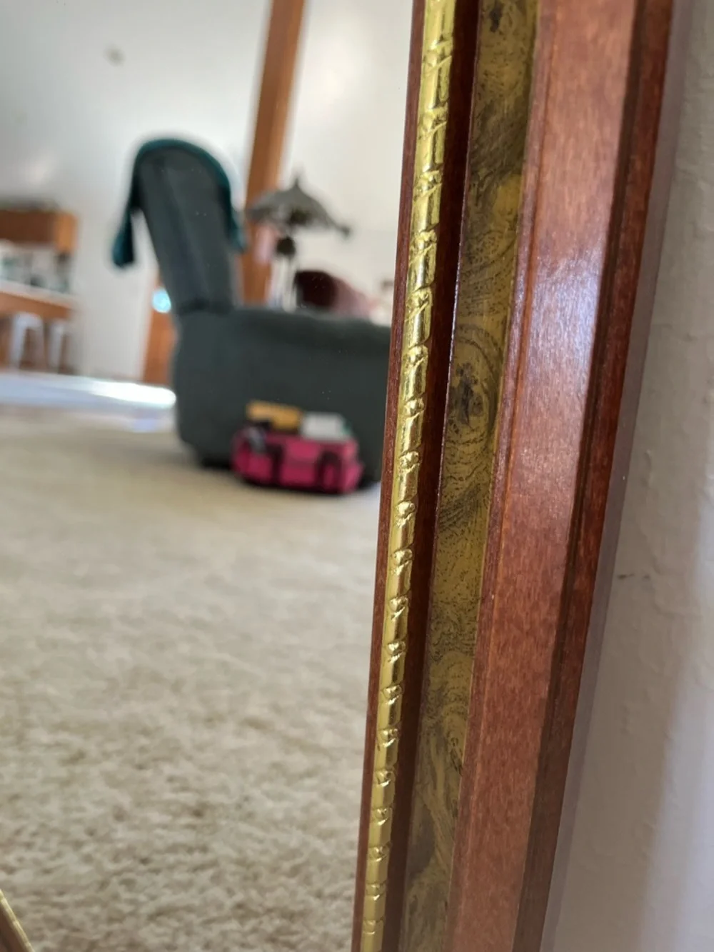 Octagonal Wood Wall Mirror with Gold Trim - Brown